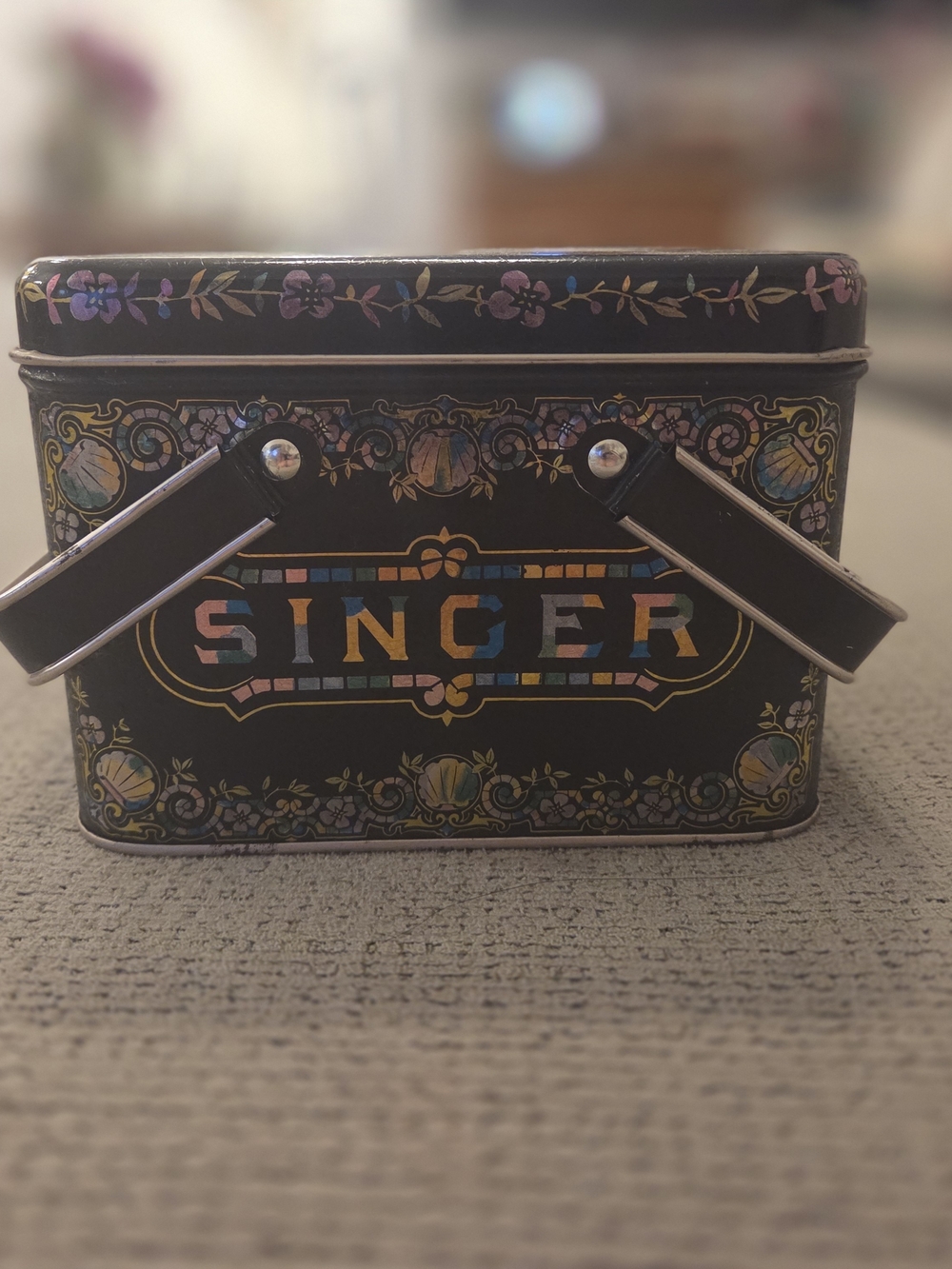 Vintage Singer Black Decorative Tin with Multicolor Inlay
